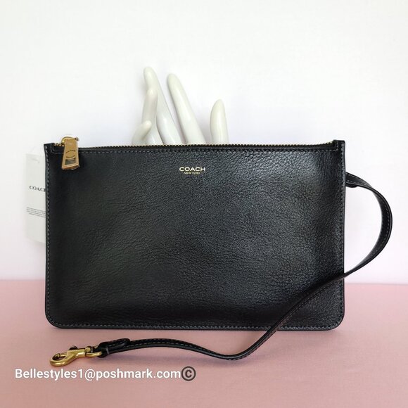 COACH New York Natural Grain Leather Top-Zip Pouch with Dog-clip Leash -Black ⭐ - Picture 2 of 16